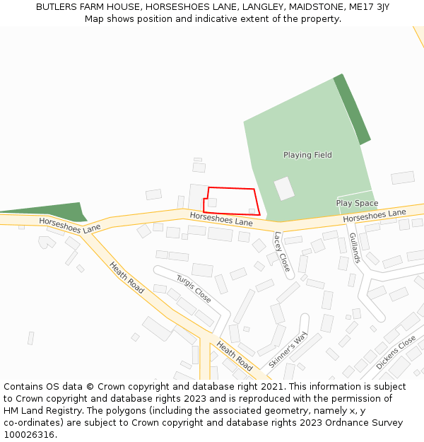 BUTLERS FARM HOUSE, HORSESHOES LANE, LANGLEY, MAIDSTONE, ME17 3JY: Location map and indicative extent of plot