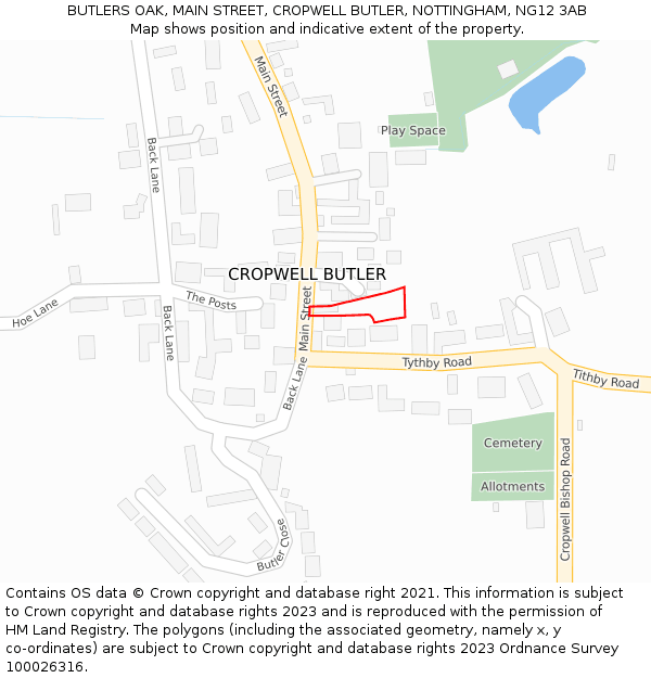 BUTLERS OAK, MAIN STREET, CROPWELL BUTLER, NOTTINGHAM, NG12 3AB: Location map and indicative extent of plot