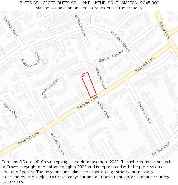 BUTTS ASH CROFT, BUTTS ASH LANE, HYTHE, SOUTHAMPTON, SO45 3QY: Location map and indicative extent of plot