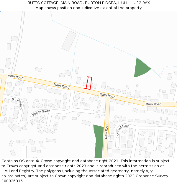 BUTTS COTTAGE, MAIN ROAD, BURTON PIDSEA, HULL, HU12 9AX: Location map and indicative extent of plot