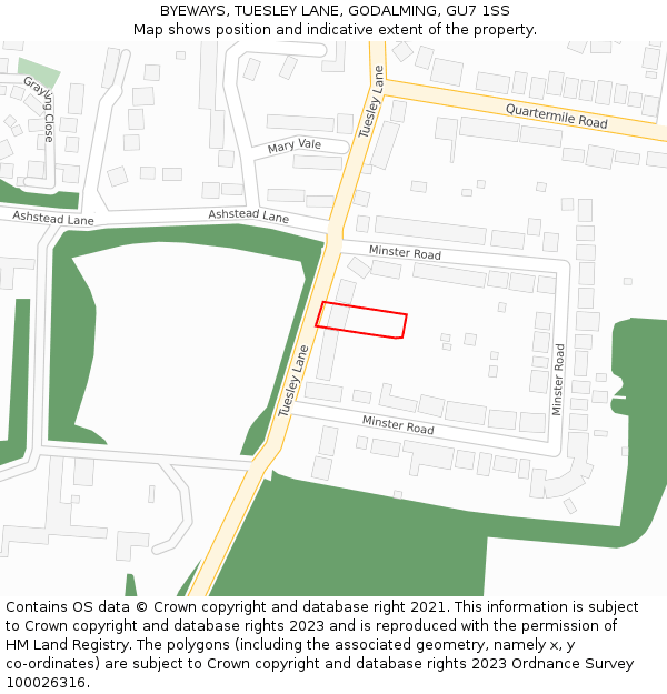BYEWAYS, TUESLEY LANE, GODALMING, GU7 1SS: Location map and indicative extent of plot