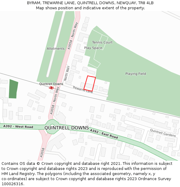 BYRAM, TREWARNE LANE, QUINTRELL DOWNS, NEWQUAY, TR8 4LB: Location map and indicative extent of plot