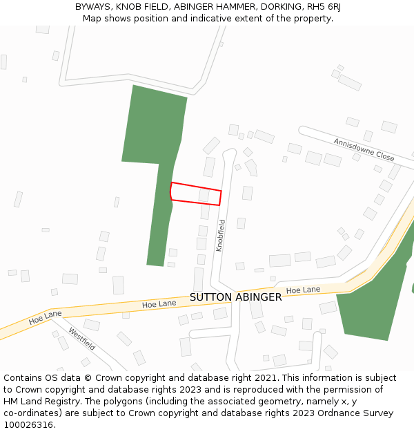 BYWAYS, KNOB FIELD, ABINGER HAMMER, DORKING, RH5 6RJ: Location map and indicative extent of plot