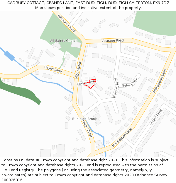 CADBURY COTTAGE, CRANES LANE, EAST BUDLEIGH, BUDLEIGH SALTERTON, EX9 7DZ: Location map and indicative extent of plot