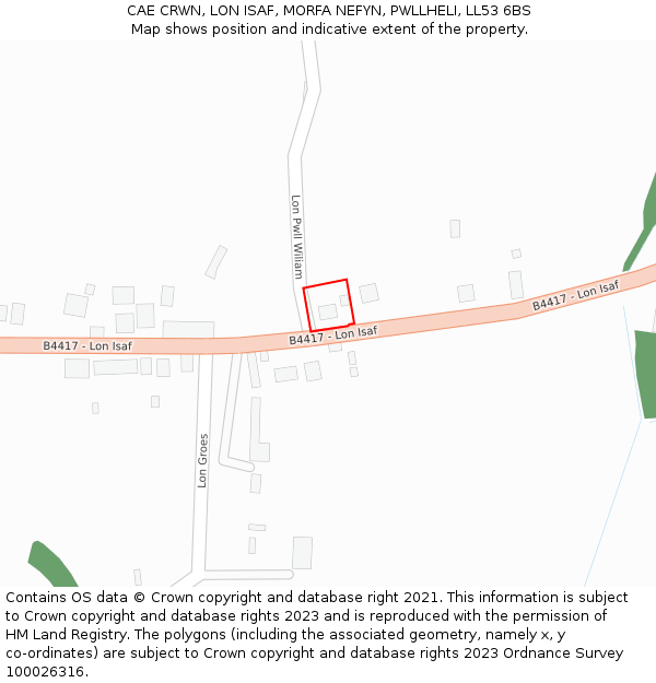 CAE CRWN, LON ISAF, MORFA NEFYN, PWLLHELI, LL53 6BS: Location map and indicative extent of plot