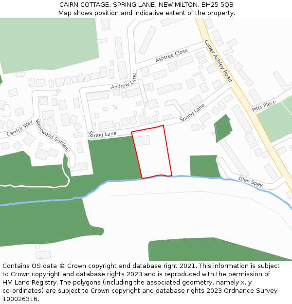 CAIRN COTTAGE, SPRING LANE, NEW MILTON, BH25 5QB: Location map and indicative extent of plot