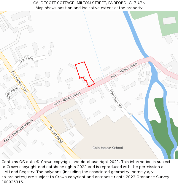 CALDECOTT COTTAGE, MILTON STREET, FAIRFORD, GL7 4BN: Location map and indicative extent of plot