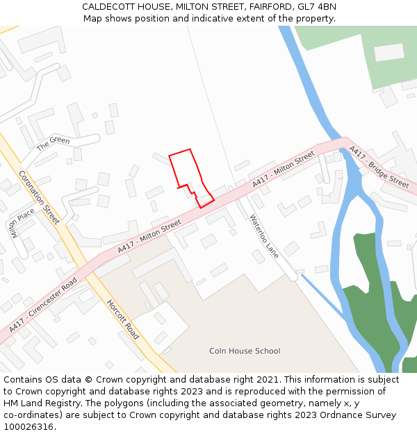 CALDECOTT HOUSE, MILTON STREET, FAIRFORD, GL7 4BN: Location map and indicative extent of plot