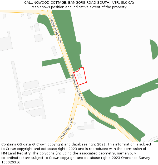 CALLINGWOOD COTTAGE, BANGORS ROAD SOUTH, IVER, SL0 0AY: Location map and indicative extent of plot