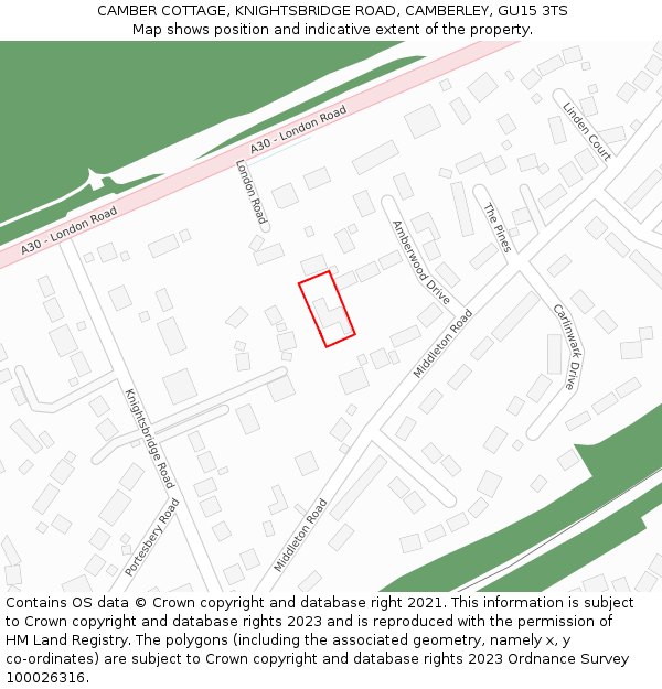 CAMBER COTTAGE, KNIGHTSBRIDGE ROAD, CAMBERLEY, GU15 3TS: Location map and indicative extent of plot