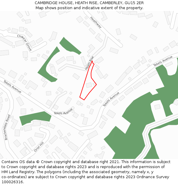 CAMBRIDGE HOUSE, HEATH RISE, CAMBERLEY, GU15 2ER: Location map and indicative extent of plot