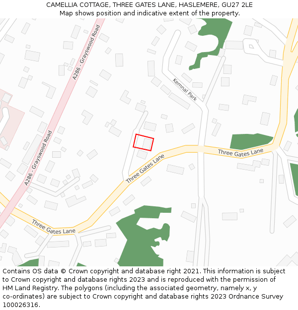 CAMELLIA COTTAGE, THREE GATES LANE, HASLEMERE, GU27 2LE: Location map and indicative extent of plot