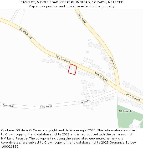 CAMELOT, MIDDLE ROAD, GREAT PLUMSTEAD, NORWICH, NR13 5EE: Location map and indicative extent of plot