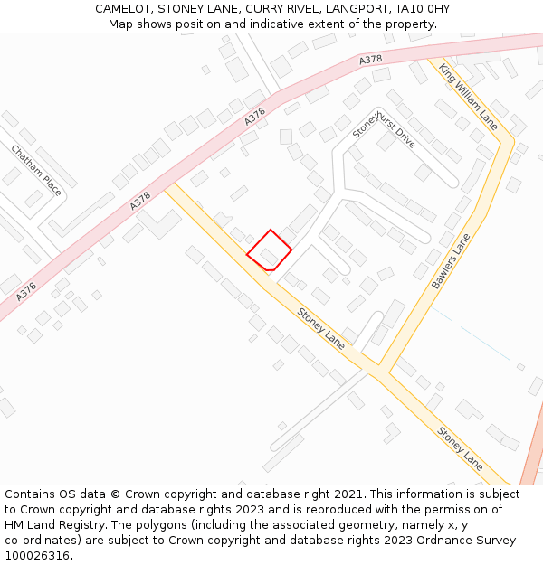 CAMELOT, STONEY LANE, CURRY RIVEL, LANGPORT, TA10 0HY: Location map and indicative extent of plot