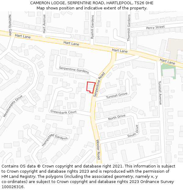 CAMERON LODGE, SERPENTINE ROAD, HARTLEPOOL, TS26 0HE: Location map and indicative extent of plot