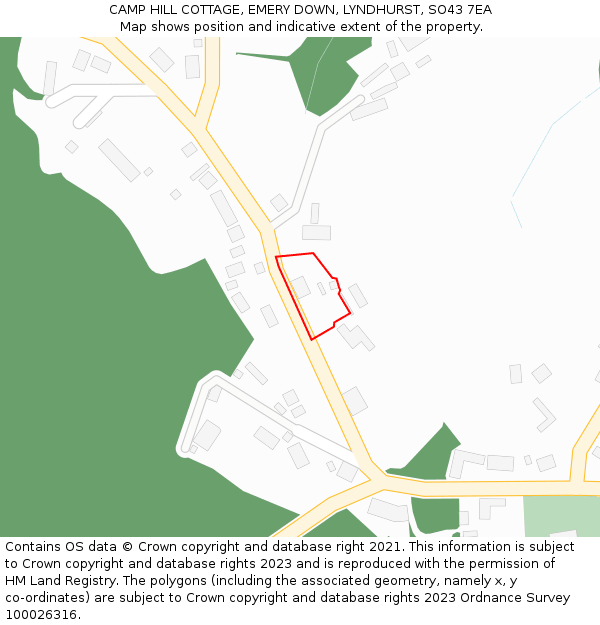 CAMP HILL COTTAGE, EMERY DOWN, LYNDHURST, SO43 7EA: Location map and indicative extent of plot
