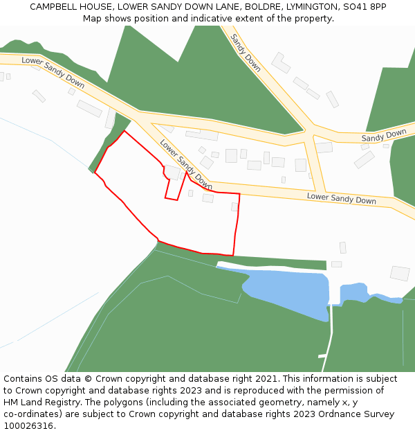 CAMPBELL HOUSE, LOWER SANDY DOWN LANE, BOLDRE, LYMINGTON, SO41 8PP: Location map and indicative extent of plot