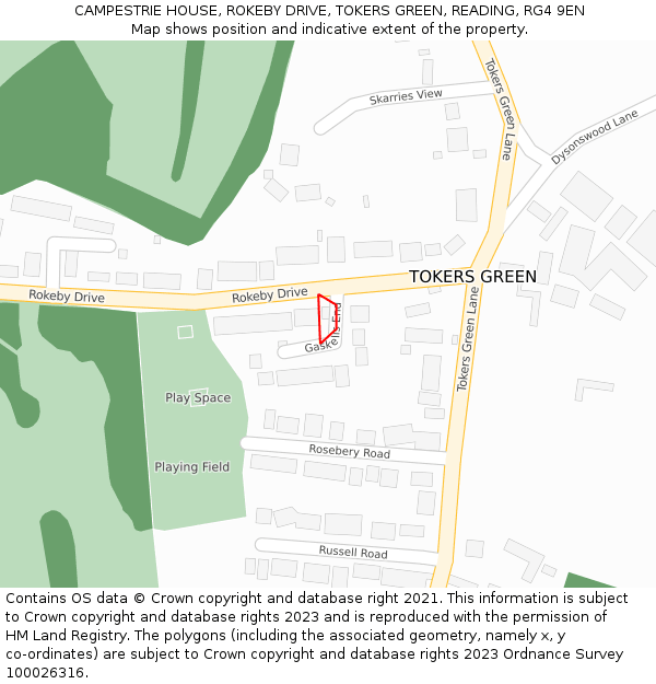 CAMPESTRIE HOUSE, ROKEBY DRIVE, TOKERS GREEN, READING, RG4 9EN: Location map and indicative extent of plot