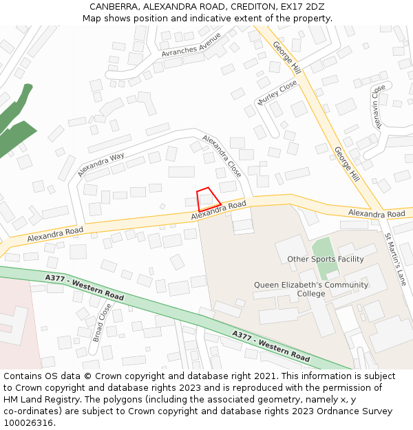 CANBERRA, ALEXANDRA ROAD, CREDITON, EX17 2DZ: Location map and indicative extent of plot