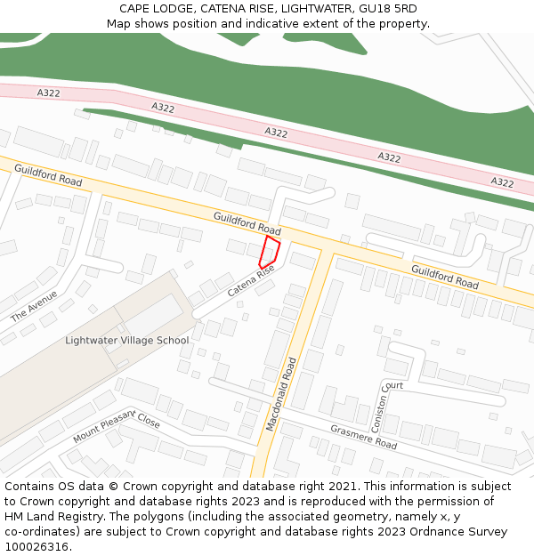 CAPE LODGE, CATENA RISE, LIGHTWATER, GU18 5RD: Location map and indicative extent of plot