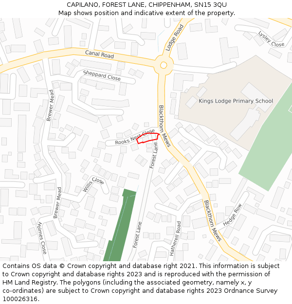 CAPILANO, FOREST LANE, CHIPPENHAM, SN15 3QU: Location map and indicative extent of plot