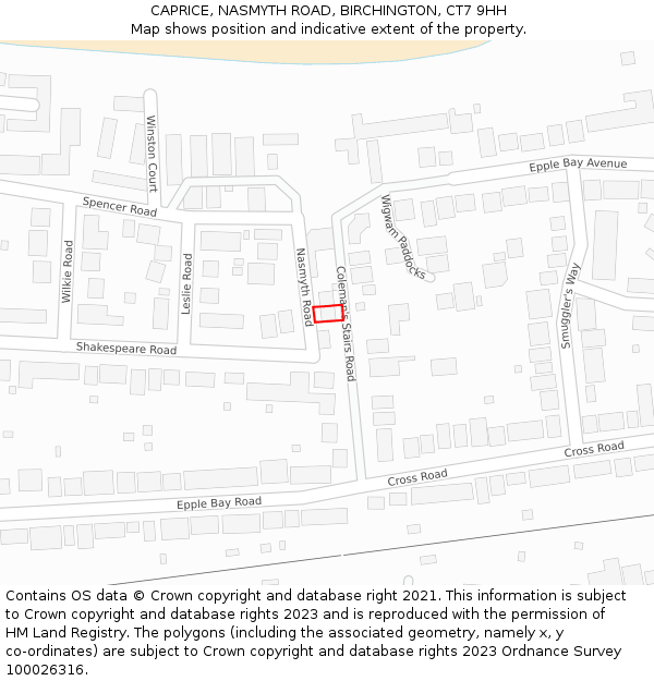 CAPRICE, NASMYTH ROAD, BIRCHINGTON, CT7 9HH: Location map and indicative extent of plot