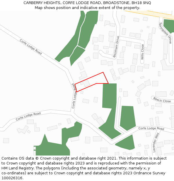 CARBERRY HEIGHTS, CORFE LODGE ROAD, BROADSTONE, BH18 9NQ: Location map and indicative extent of plot