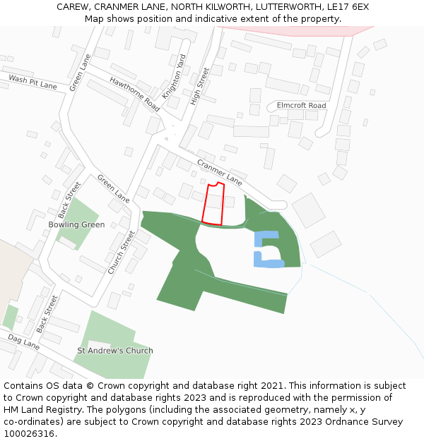 CAREW, CRANMER LANE, NORTH KILWORTH, LUTTERWORTH, LE17 6EX: Location map and indicative extent of plot