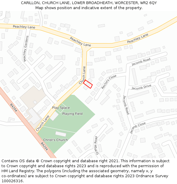 CARILLON, CHURCH LANE, LOWER BROADHEATH, WORCESTER, WR2 6QY: Location map and indicative extent of plot