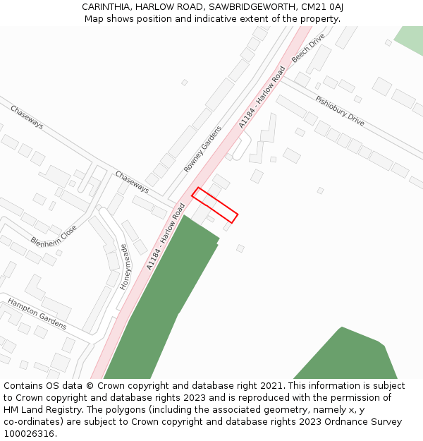 CARINTHIA, HARLOW ROAD, SAWBRIDGEWORTH, CM21 0AJ: Location map and indicative extent of plot