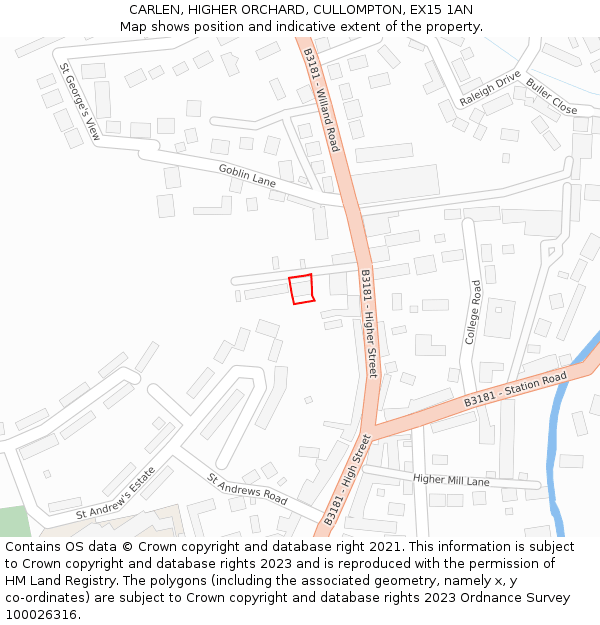 CARLEN, HIGHER ORCHARD, CULLOMPTON, EX15 1AN: Location map and indicative extent of plot