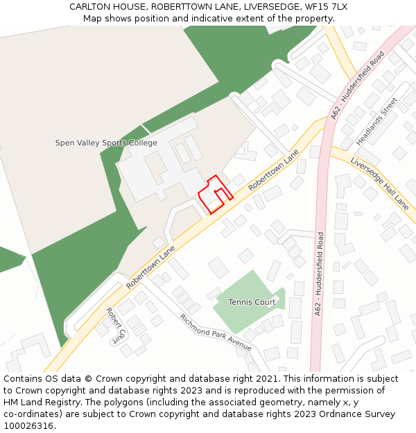 CARLTON HOUSE, ROBERTTOWN LANE, LIVERSEDGE, WF15 7LX: Location map and indicative extent of plot