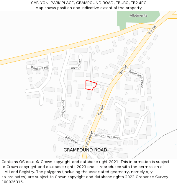 CARLYON, PARK PLACE, GRAMPOUND ROAD, TRURO, TR2 4EG: Location map and indicative extent of plot