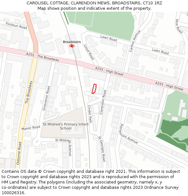 CAROUSEL COTTAGE, CLARENDON MEWS, BROADSTAIRS, CT10 1RZ: Location map and indicative extent of plot
