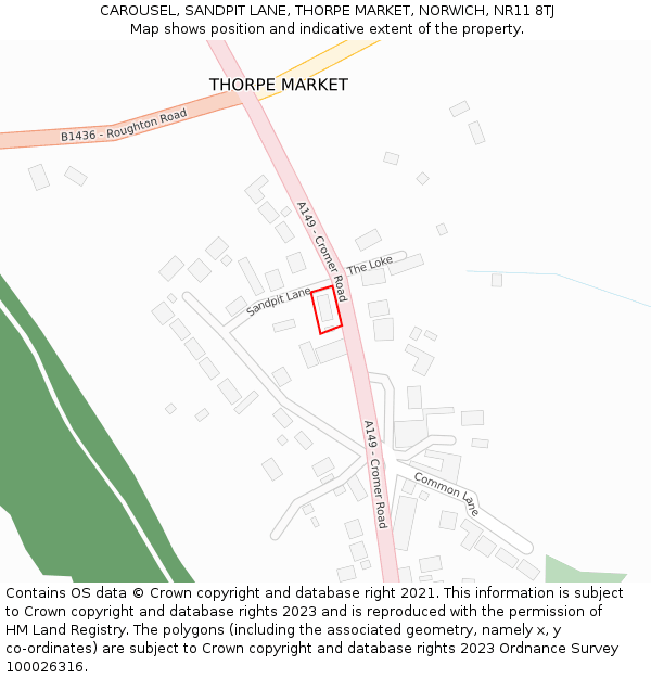 CAROUSEL, SANDPIT LANE, THORPE MARKET, NORWICH, NR11 8TJ: Location map and indicative extent of plot