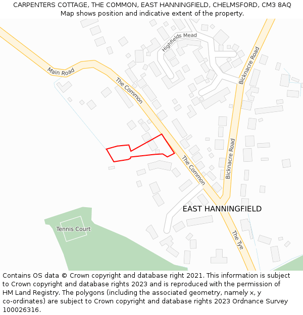 CARPENTERS COTTAGE, THE COMMON, EAST HANNINGFIELD, CHELMSFORD, CM3 8AQ: Location map and indicative extent of plot
