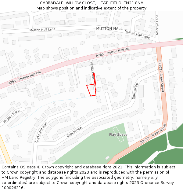 CARRADALE, WILLOW CLOSE, HEATHFIELD, TN21 8NA: Location map and indicative extent of plot