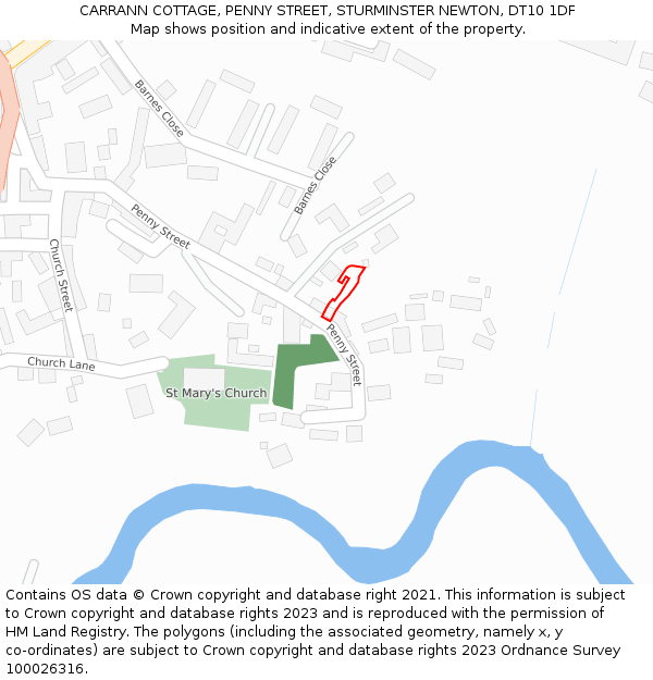 CARRANN COTTAGE, PENNY STREET, STURMINSTER NEWTON, DT10 1DF: Location map and indicative extent of plot