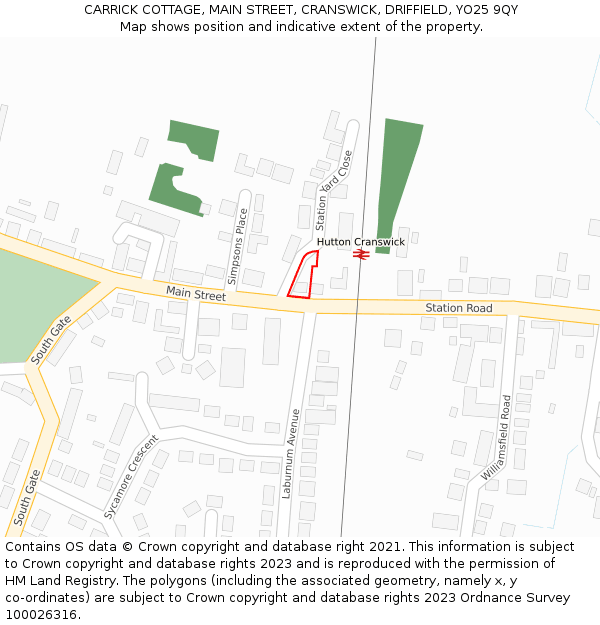 CARRICK COTTAGE, MAIN STREET, CRANSWICK, DRIFFIELD, YO25 9QY: Location map and indicative extent of plot