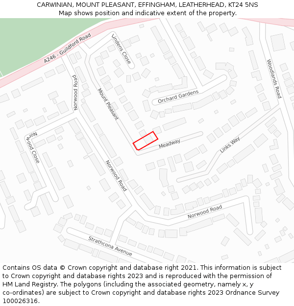 CARWINIAN, MOUNT PLEASANT, EFFINGHAM, LEATHERHEAD, KT24 5NS: Location map and indicative extent of plot