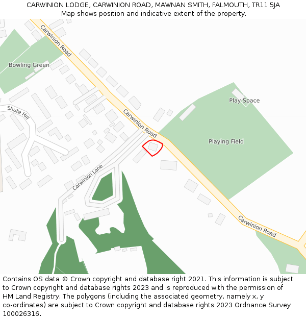 CARWINION LODGE, CARWINION ROAD, MAWNAN SMITH, FALMOUTH, TR11 5JA: Location map and indicative extent of plot