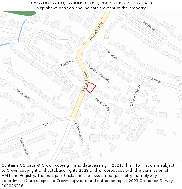 CASA DO CANTO, CANONS CLOSE, BOGNOR REGIS, PO21 4EB: Location map and indicative extent of plot