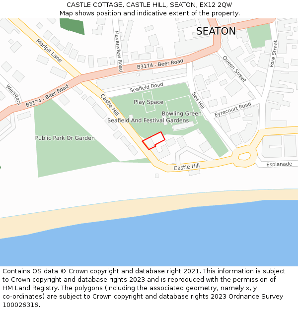 CASTLE COTTAGE, CASTLE HILL, SEATON, EX12 2QW: Location map and indicative extent of plot