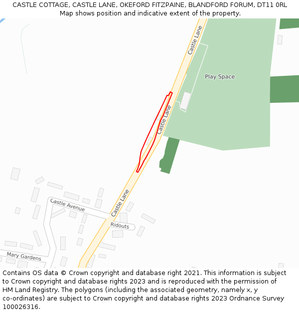 CASTLE COTTAGE, CASTLE LANE, OKEFORD FITZPAINE, BLANDFORD FORUM, DT11 0RL: Location map and indicative extent of plot