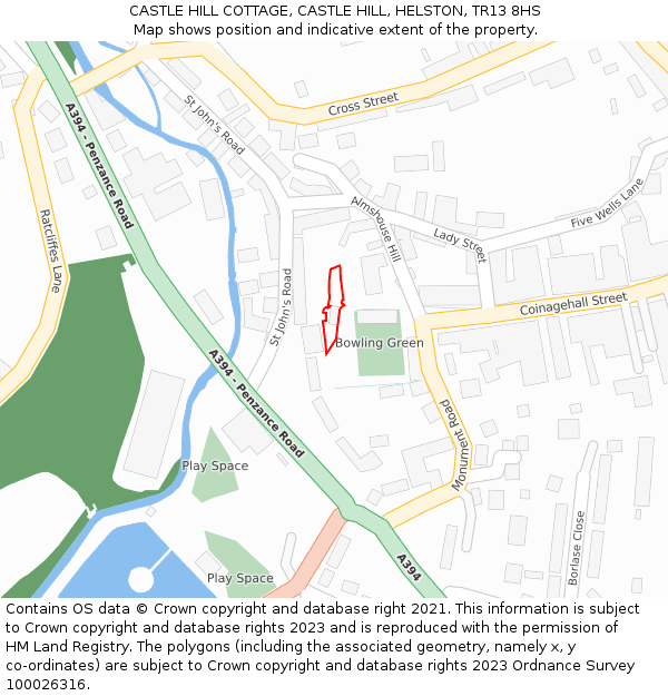 CASTLE HILL COTTAGE, CASTLE HILL, HELSTON, TR13 8HS: Location map and indicative extent of plot