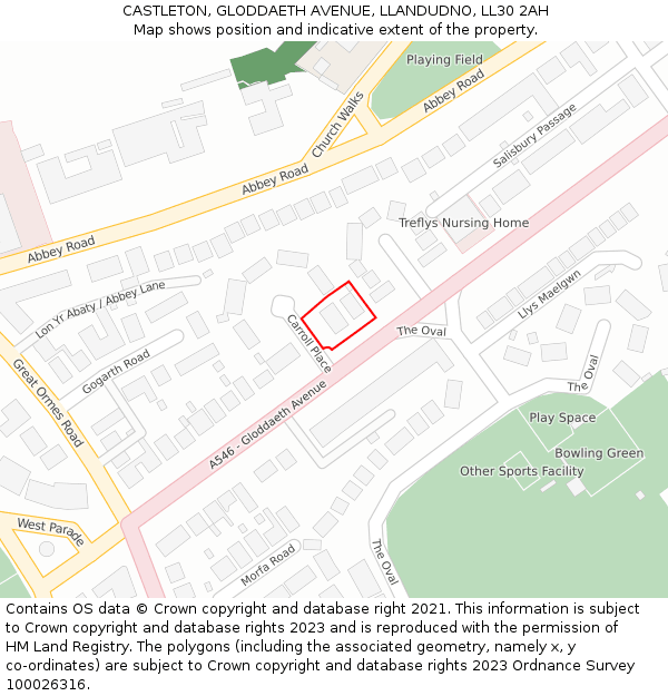 CASTLETON, GLODDAETH AVENUE, LLANDUDNO, LL30 2AH: Location map and indicative extent of plot