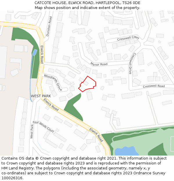 CATCOTE HOUSE, ELWICK ROAD, HARTLEPOOL, TS26 0DE: Location map and indicative extent of plot