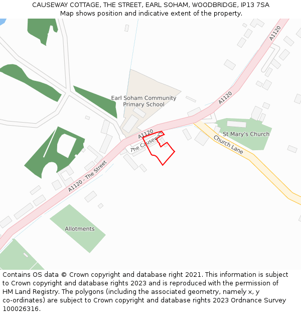 CAUSEWAY COTTAGE, THE STREET, EARL SOHAM, WOODBRIDGE, IP13 7SA: Location map and indicative extent of plot