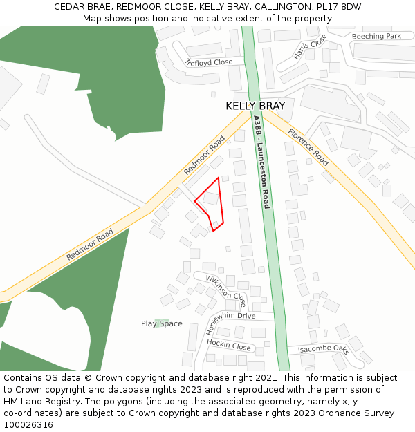 CEDAR BRAE, REDMOOR CLOSE, KELLY BRAY, CALLINGTON, PL17 8DW: Location map and indicative extent of plot