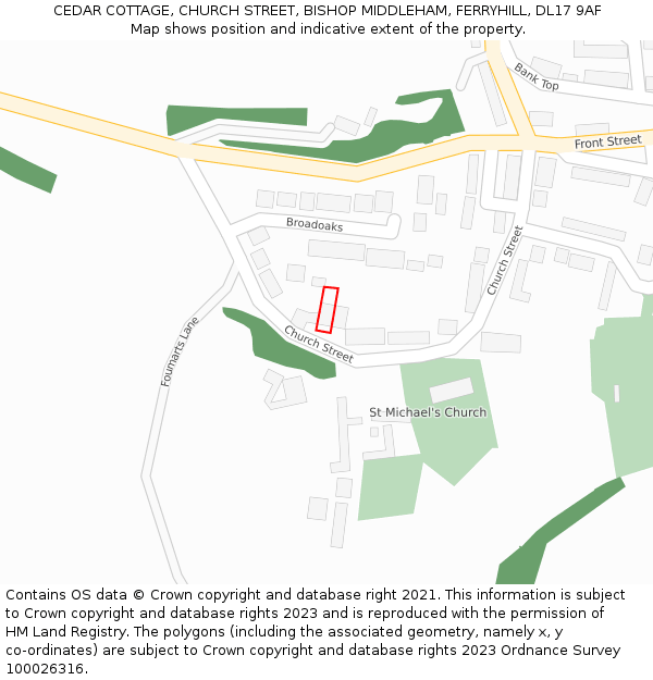 CEDAR COTTAGE, CHURCH STREET, BISHOP MIDDLEHAM, FERRYHILL, DL17 9AF: Location map and indicative extent of plot